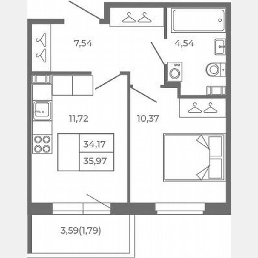1-к. квартира, 34,2 м², 2/4 эт.