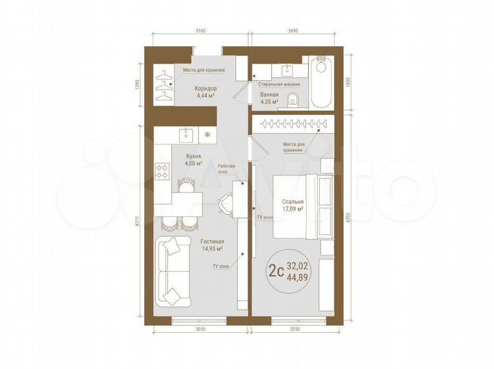2-к. квартира, 44,9 м², 19/25 эт.