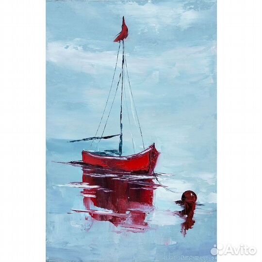 Картина Морской пейзаж, Красная лодка, 20 на 30 см