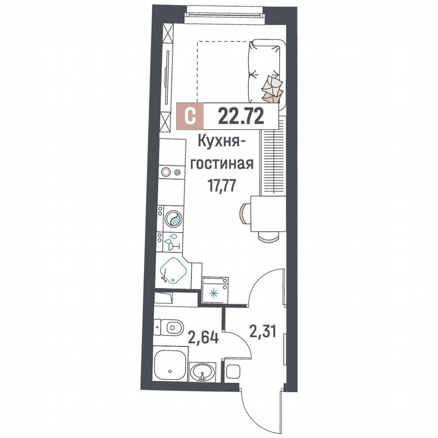 Квартира-студия, 22,7 м², 2/18 эт.