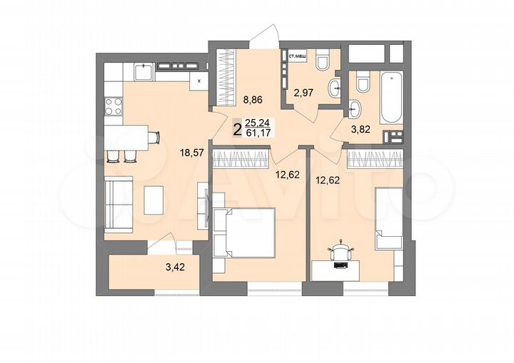 2-к. квартира, 60,7 м², 13/26 эт.