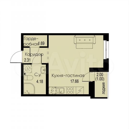 Квартира-студия, 26,8 м², 2/12 эт.