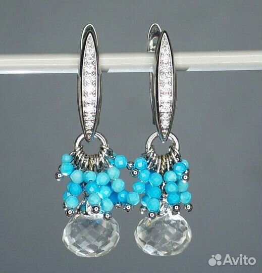 Серьги юв.сплав горный хрусталь, бирюза С571