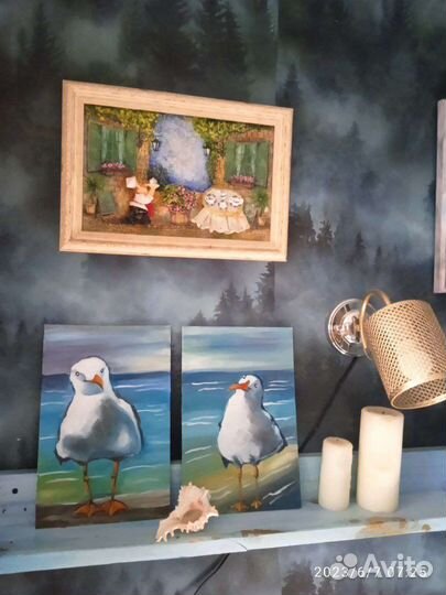 Картина Чайки на пляже двойная, масло, холст