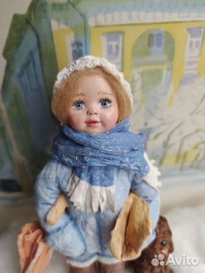 Ватная елочная игрушка девочка с собачкой и зонтом