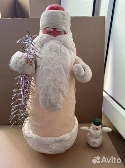 Елочная ватная игрушка СССР Снеговик, Дед Мороз