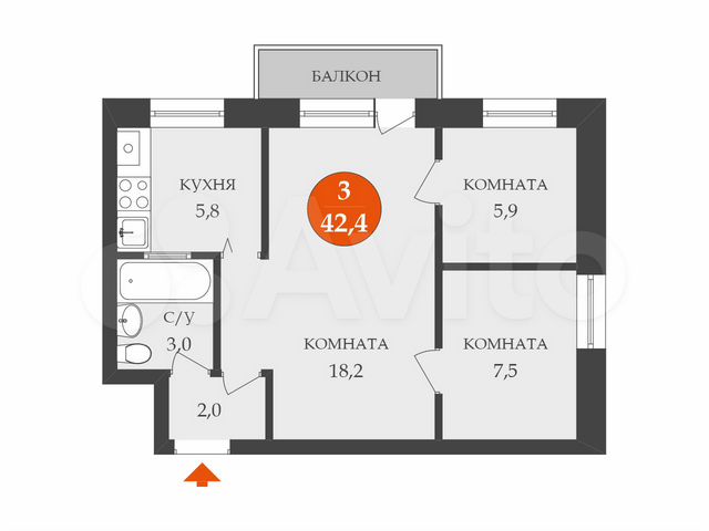 2-к. квартира, 42,4 м², 3/5 эт.