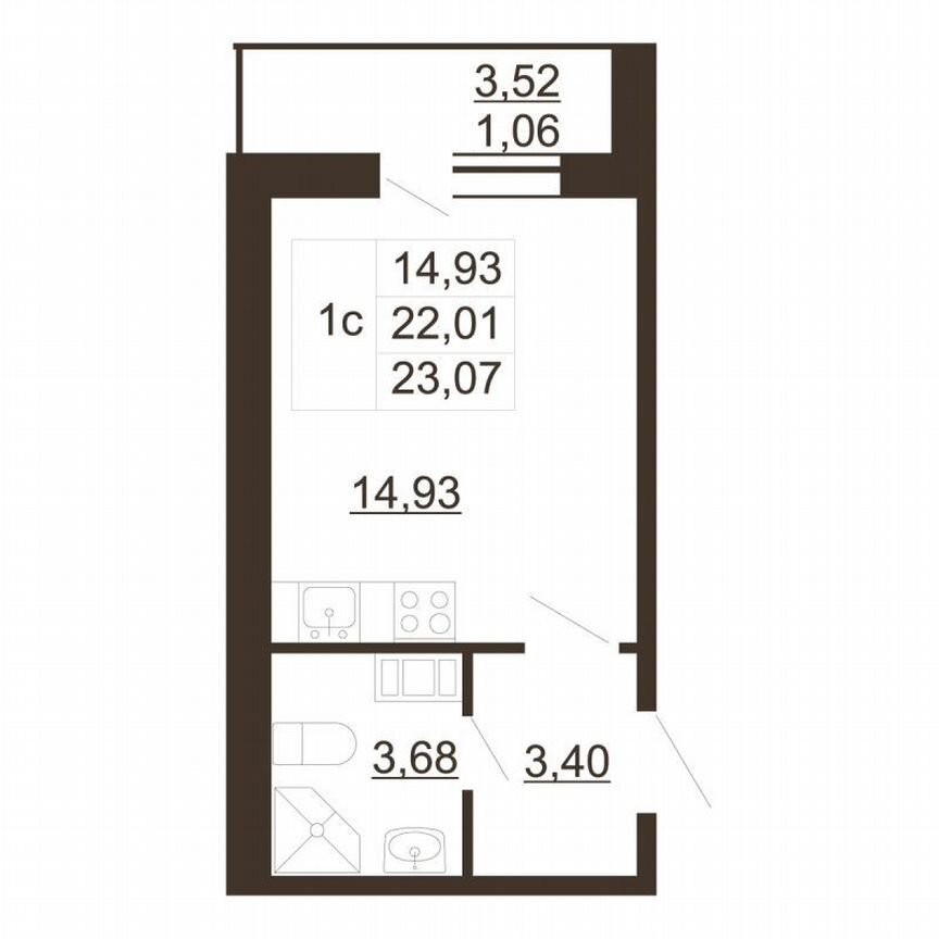 Квартира-студия, 23,1 м², 3/6 эт.