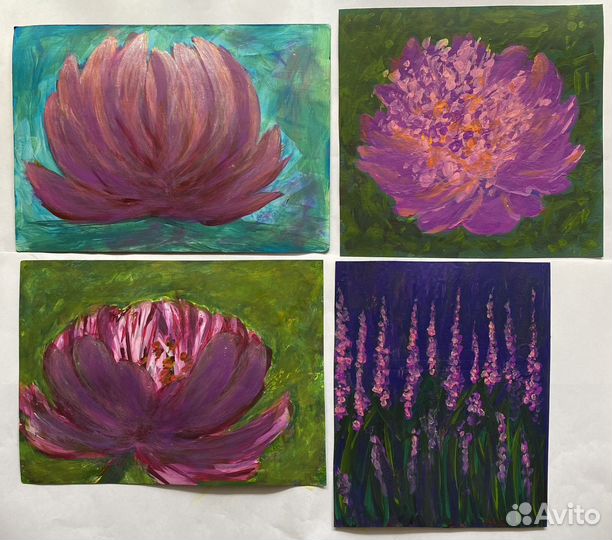 Этюды на бумаге, - лаванда, пион, акрилом