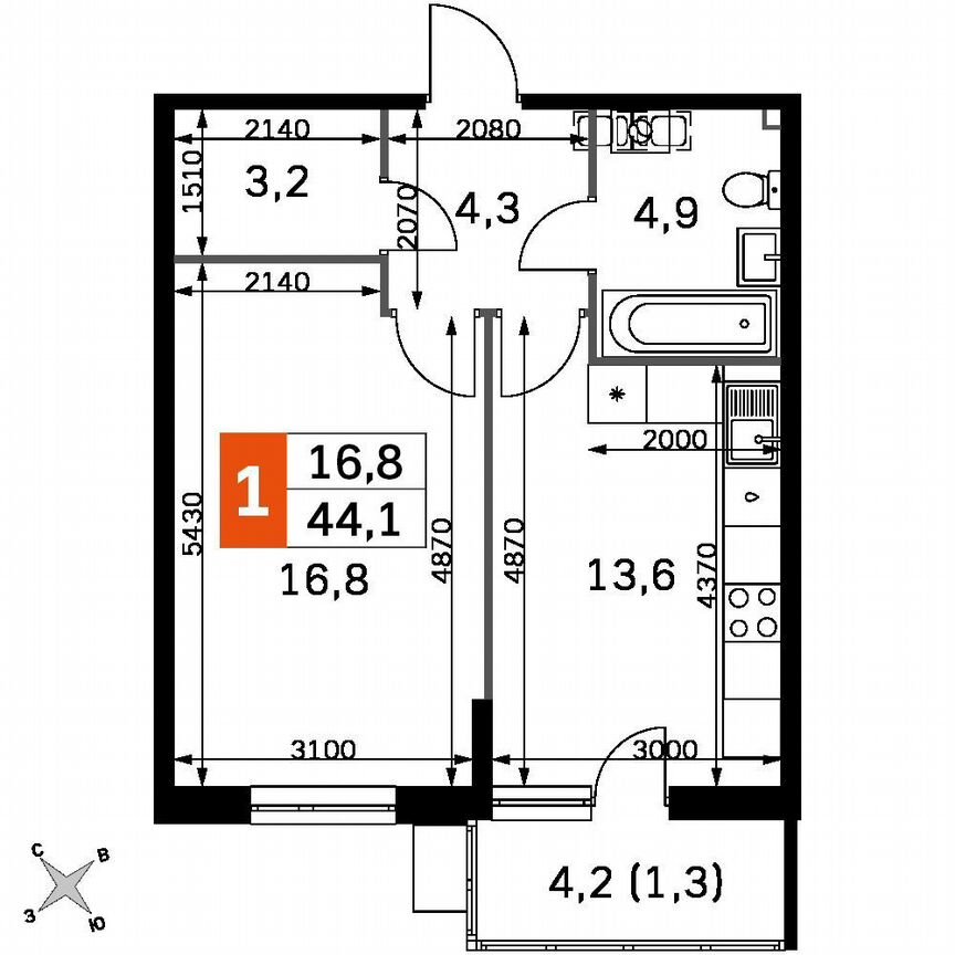 1-к. квартира, 42,8 м², 1/22 эт.