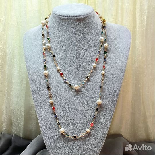 Ожерелье длинное и серьги с натуральным жемчугом