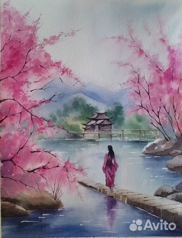Картина акварелью Весна в Японии 27х39 объявление продам