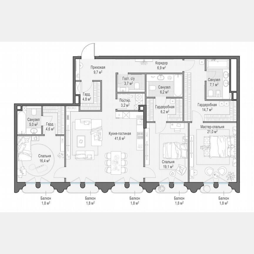 3-к. квартира, 172,8 м², 8/13 эт.