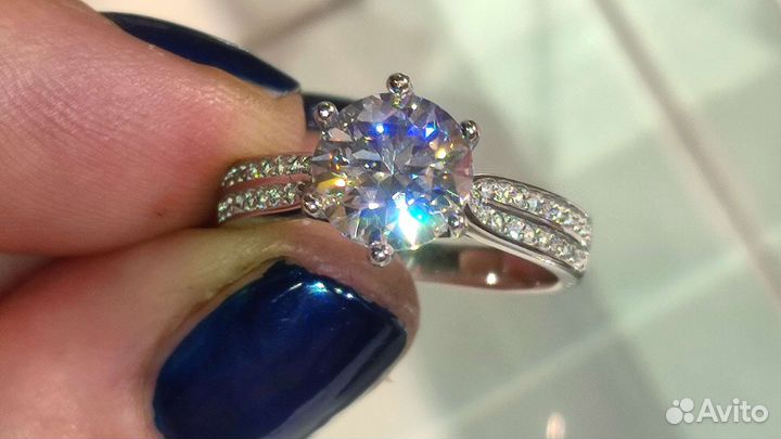 Кольцо с муассанитом 2 ct 8mm D FL, 925/au750
