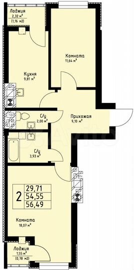 2-к. квартира, 56,7 м², 2/9 эт.