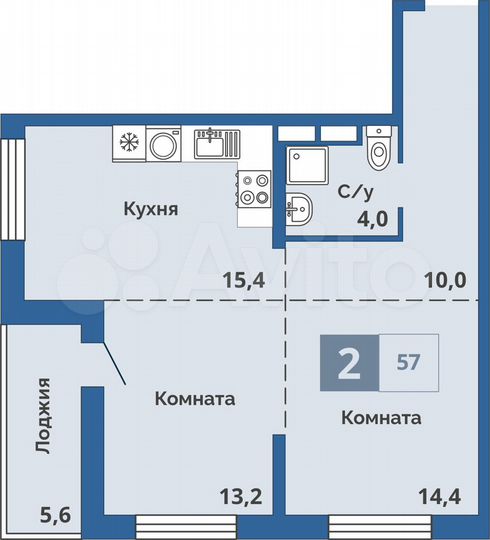 2-к. квартира, 57 м², 2/15 эт.