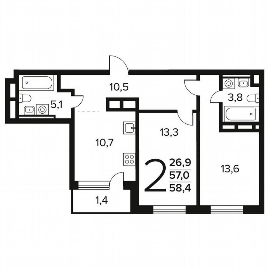 2-к. квартира, 58,4 м², 4/11 эт.