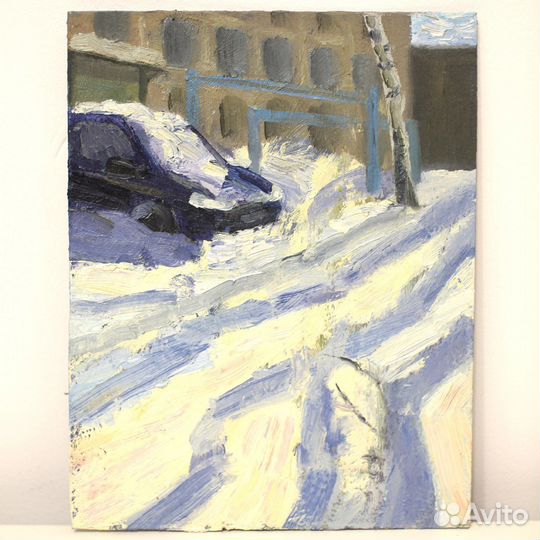 Картина зимняя машина в снегу этюд