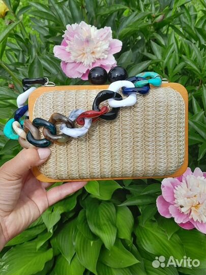 Сумка клатч из соломки деревянный фермуар