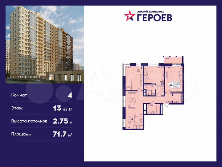 4-к. квартира, 71,7 м², 13/17 эт.