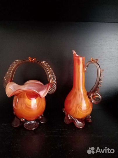 Ваза конфетница и графин штоф из гутного стекла