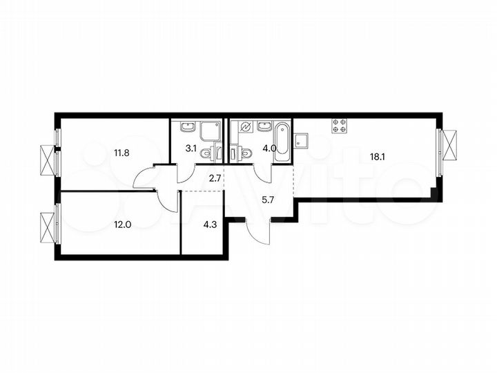 2-к. квартира, 61,7 м², 4/15 эт.