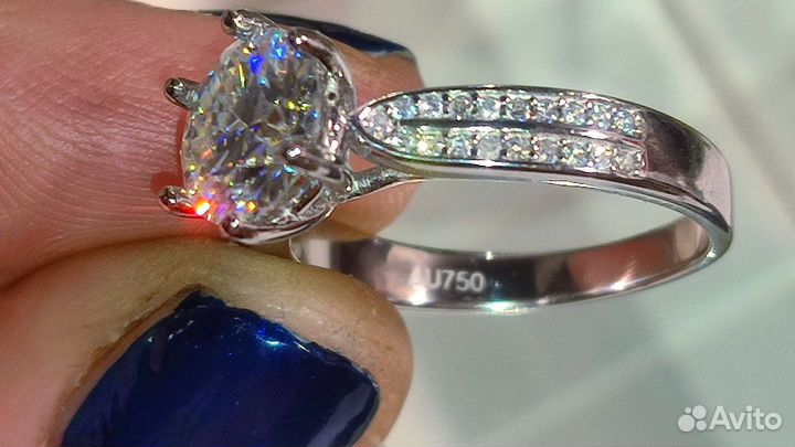 Кольцо с муассанитом 2 ct 8mm D FL, 925/au750