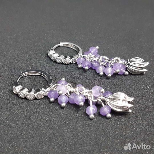 Серьги с природными камнями серебрение