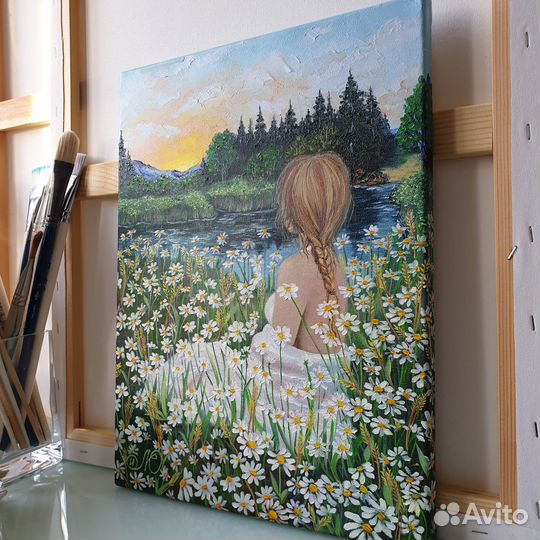 Картина маслом. Девушка и ромашки. из г. Сочи