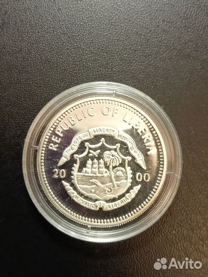 5 долларов 2000 Либерия Слоны. Монета Серебро