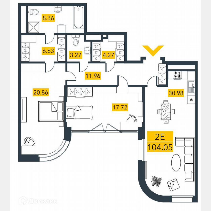 2-к. квартира, 104,1 м², 2/7 эт.