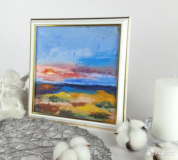 Небольшой пейзаж маслом. Закат на море. 20х20см