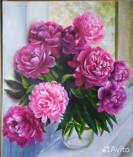 Картина маслом Букет пионов у окна 60*50