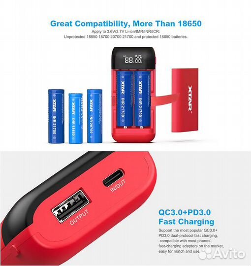 Пауэрбанк Xtar PB2S, зарядка QC3.0 + PD3.0, 18650