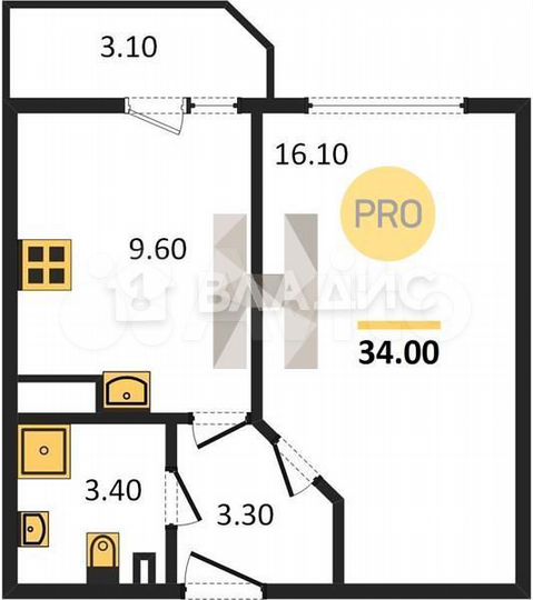 1-к. квартира, 34 м², 1/9 эт.