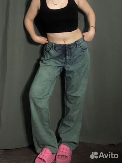 Зеленые винтажные ретро джинсы y2k потёртые