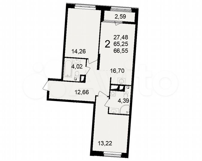 2-к. квартира, 66,6 м², 13/23 эт.