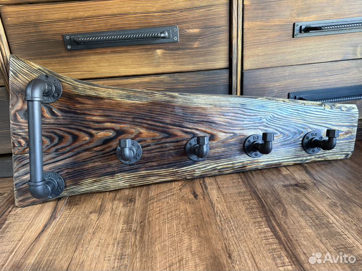 Вешалка лофт чугун крючки массив лиственница 93см