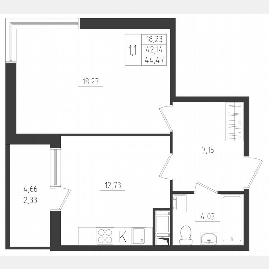 1-к. квартира, 44,5 м², 6/8 эт.