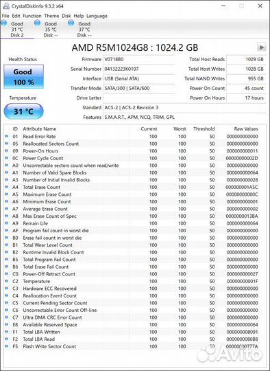 1TB SSD sata/ngff диски, цена за 1, есть 3, 100%