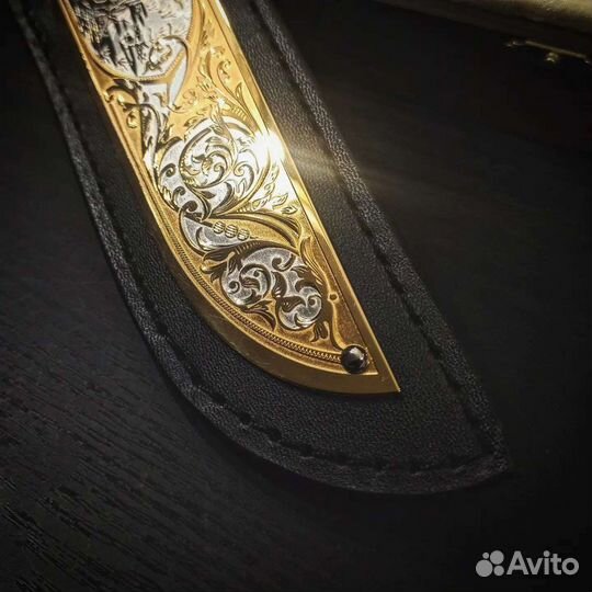 Нож Медведь-4, гравюра, золото. Златоуст