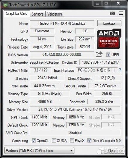 Видеокарта для игр rx470 Sapphire 4gb