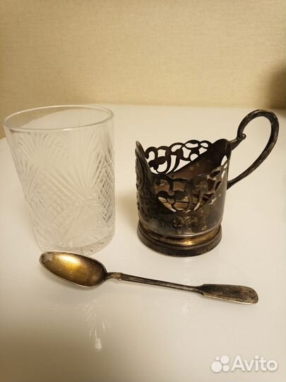 Подстаканник,стакан и царская серебряная ложечка