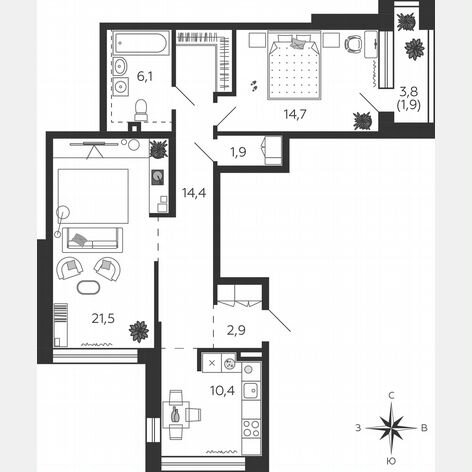2-к. квартира, 73,5 м², 5/9 эт.