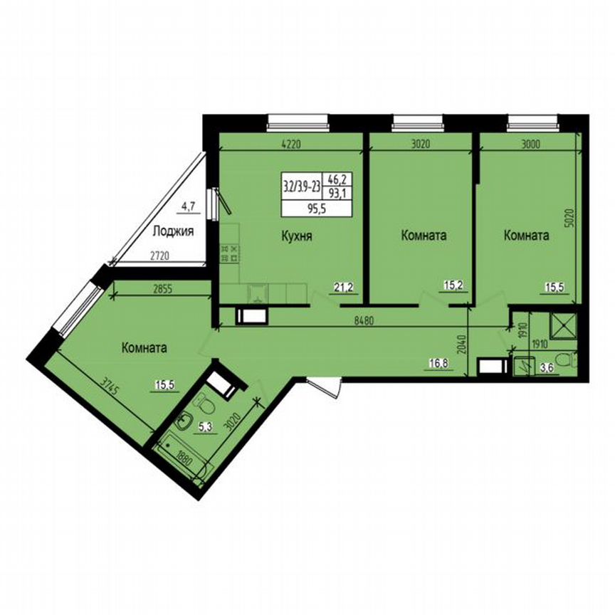 3-к. квартира, 95,5 м², 23/23 эт.
