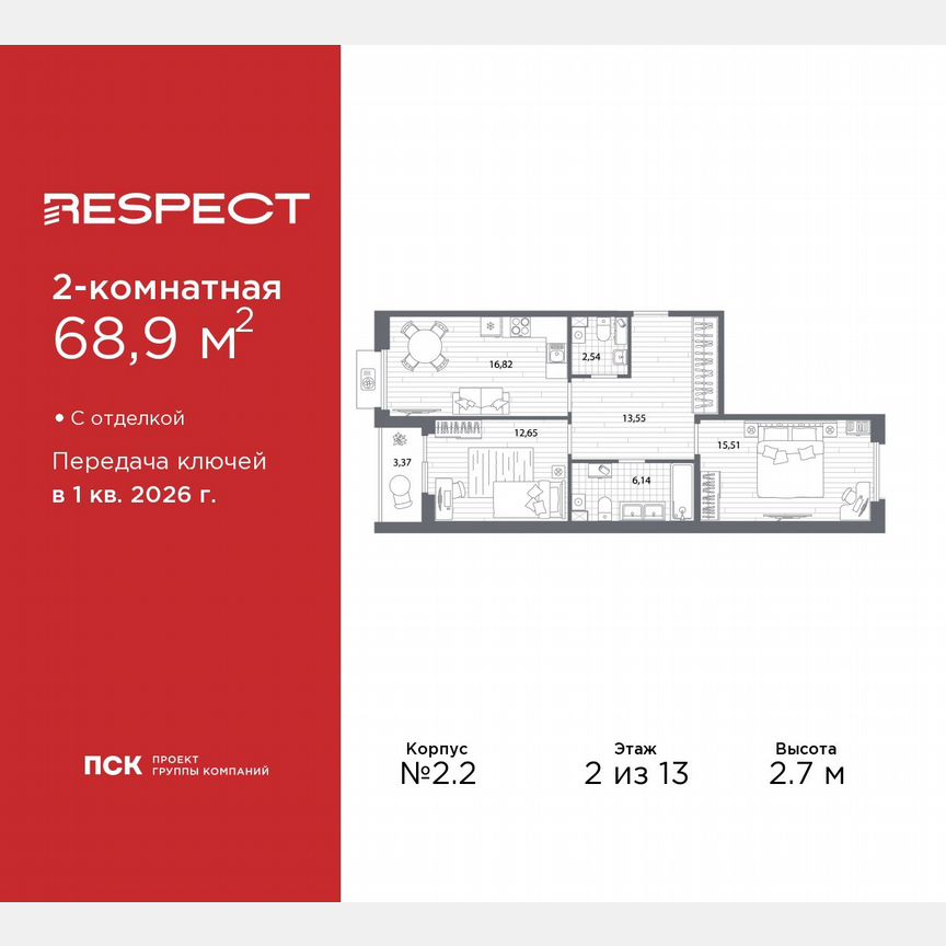 2-к. квартира, 68,9 м², 2/13 эт.