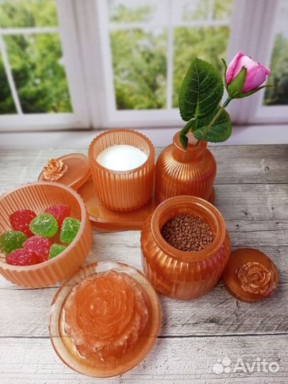 Сахарница, баночки на подносе цвета мёда, набор