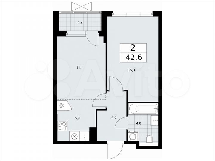 2-к. квартира, 42,6 м², 15/19 эт.