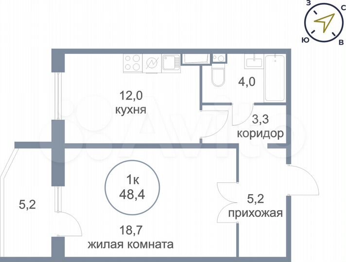 1-к. квартира, 48,4 м², 5/16 эт.