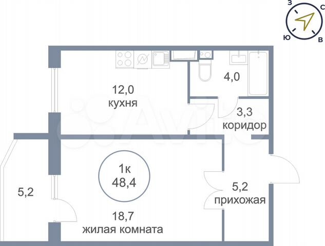 1-к. квартира, 48,4 м², 5/16 эт.